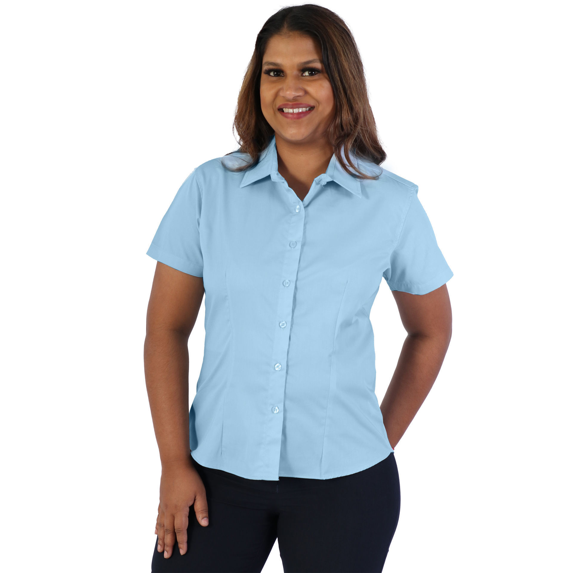 Ladies Classic Woven Shirt Short Sleeve - Blue Sky - While Stocks Last