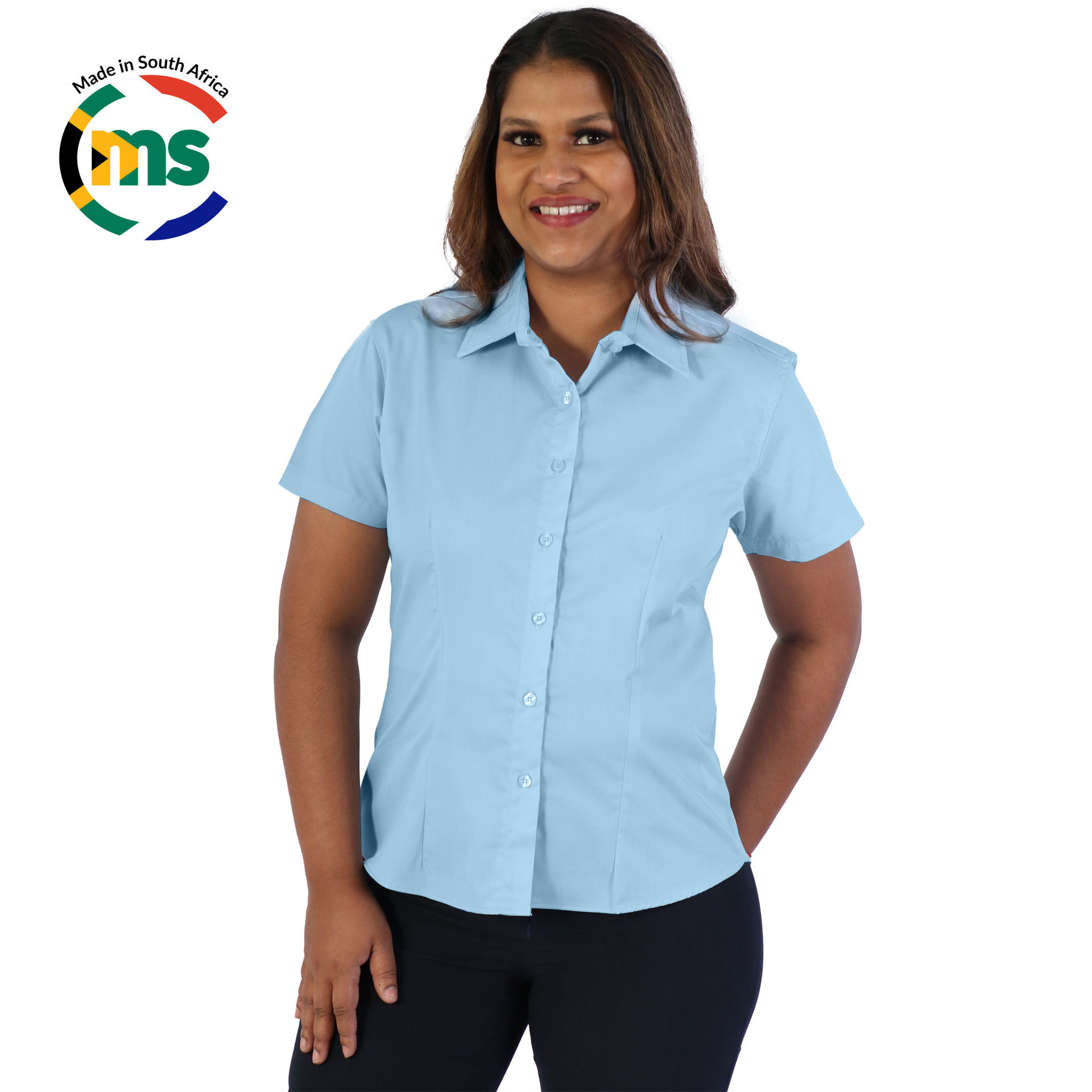 Ladies Classic Woven Shirt Short Sleeve - Blue Sky - While Stocks Last